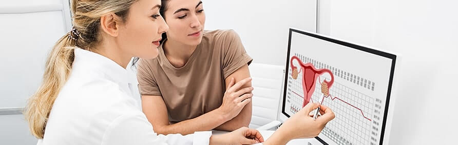 Gynecologist communicates with her patient indicating the menstrual cycle on the monitor