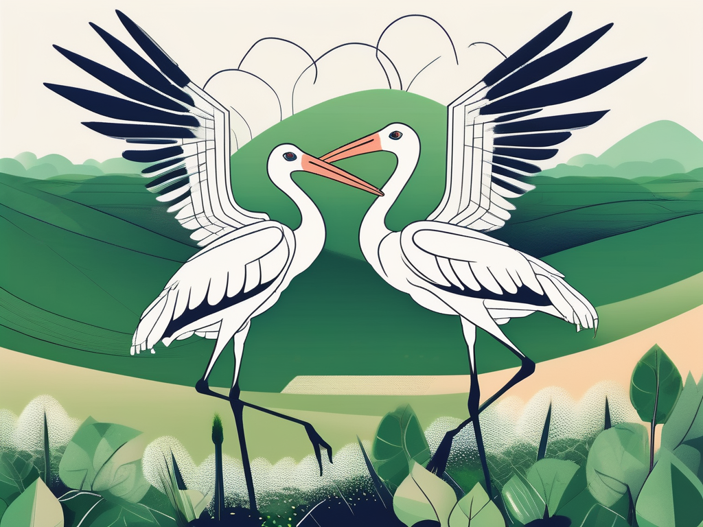 A pair of storks carrying a bundle with a symbol of a chemical structure