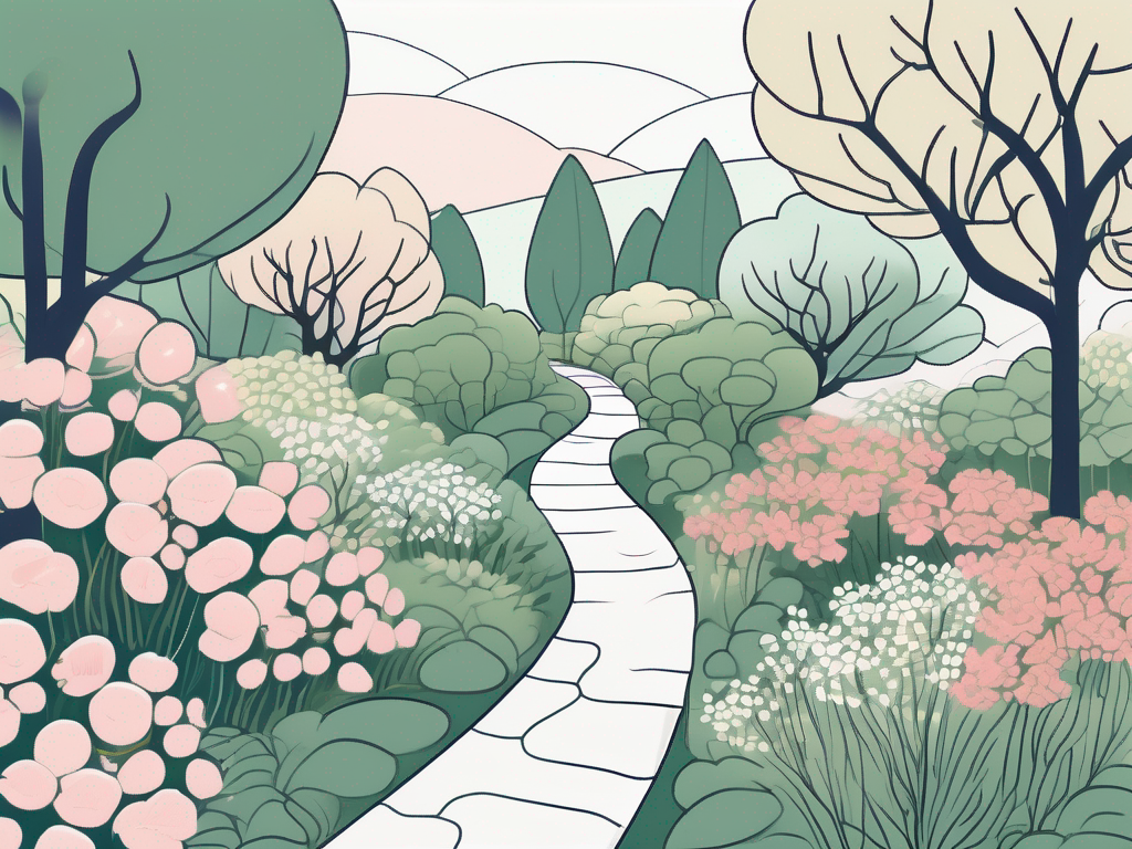 Draw an illustration of a serene landscape featuring a winding path leading through a lush garden