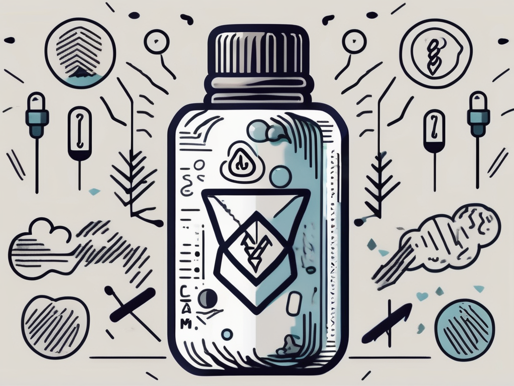 A pill bottle labeled "clomid 50mg" surrounded by symbols of health and vitality (like a barbell or a heart)