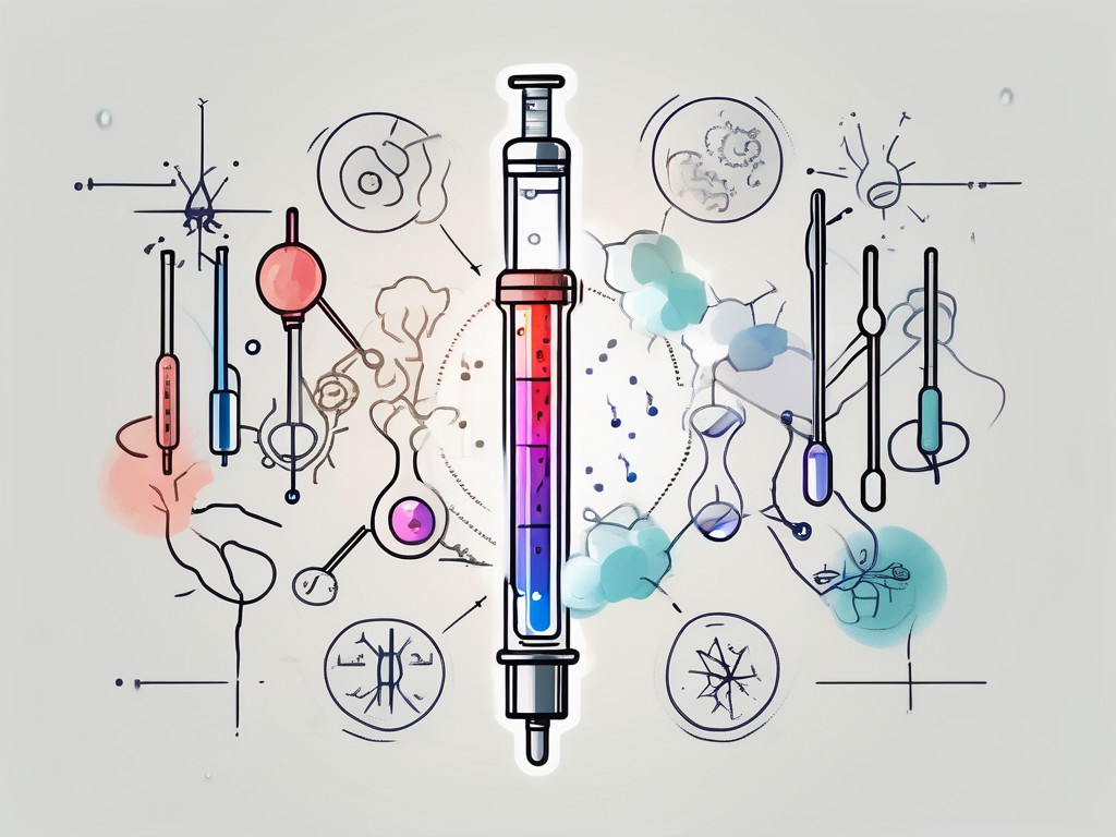 A syringe with hcg hormone surrounded by various symbols representing potential side effects like weight gain (scale)