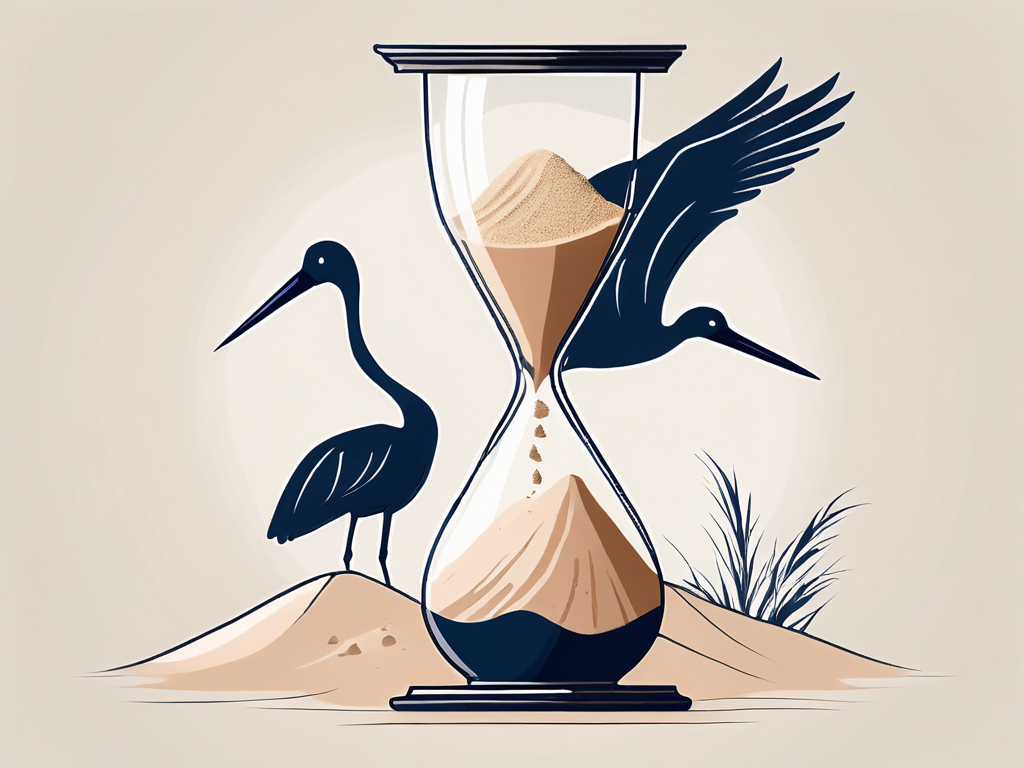 A sand hourglass with a stork carrying a bundle in the background